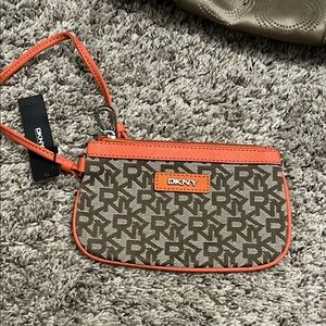 DKNY Brown and Orange Clutch with Vibrant Accents